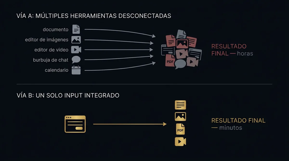 Diagrama comparando múltiples herramientas desconectadas frente a un solo input integrado que genera todo el contenido