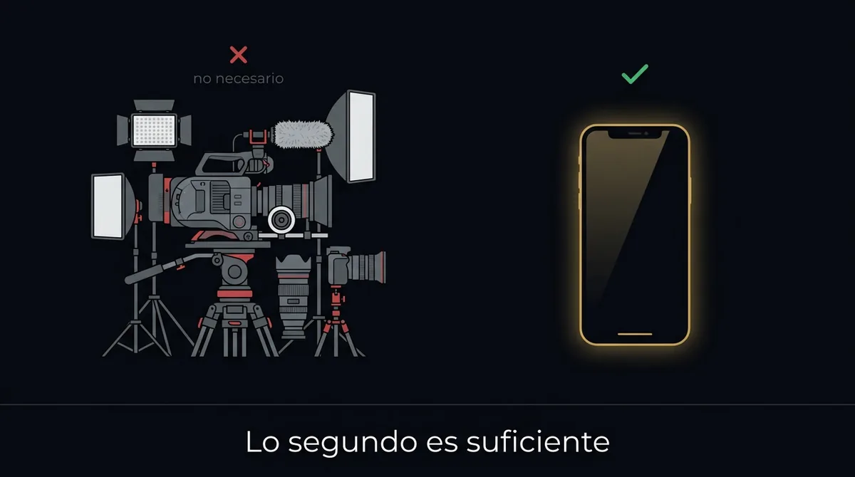Comparación entre un equipo de cámara profesional complejo y un simple smartphone: el segundo es suficiente para grabar Reels inmobiliarios