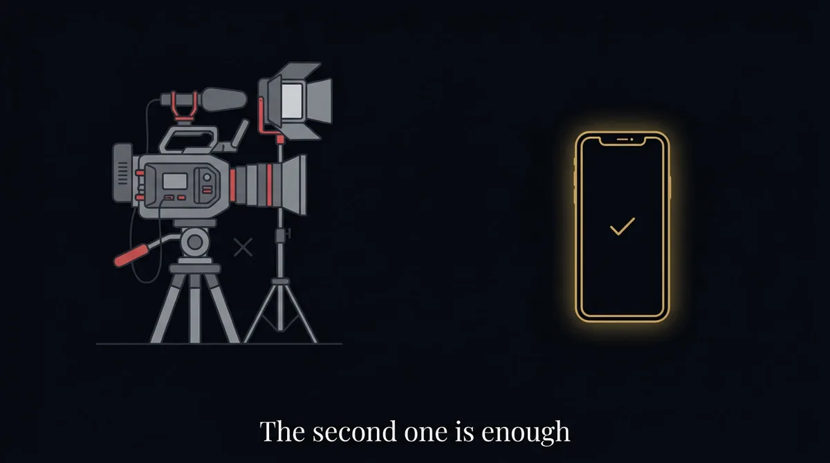 Comparison between a complex professional camera setup and a simple smartphone: the second is enough to shoot real estate Reels