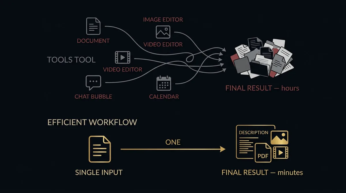 Diagram comparing multiple disconnected tools vs. a single integrated input that generates all content