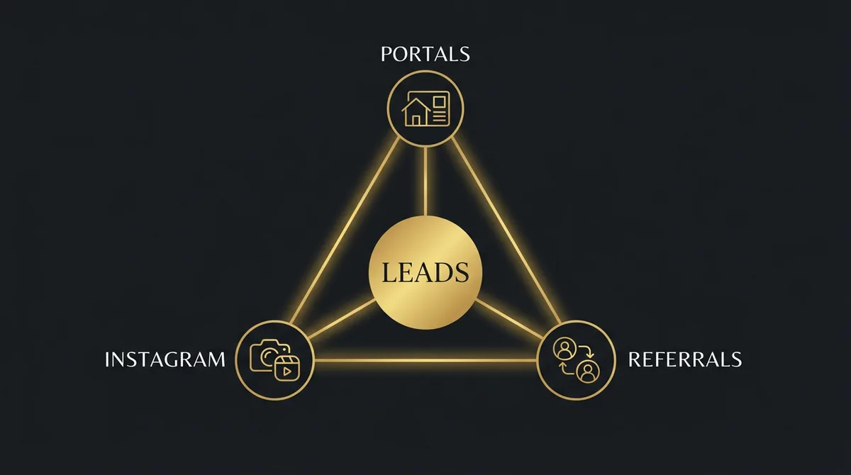 Diagrama de las 3 fuentes principales de leads: portales, Instagram y referencias