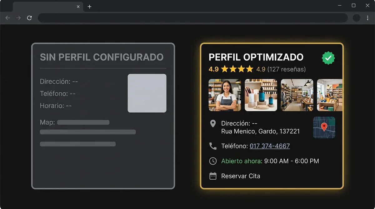 Comparativa de perfil de Google Business: sin perfil configurado frente a perfil optimizado con reseñas, fotos y horario