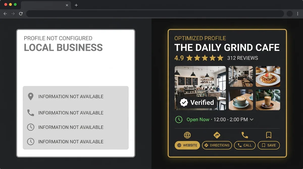 Comparison of a Google Business profile: not configured vs. optimised with reviews, photos and hours