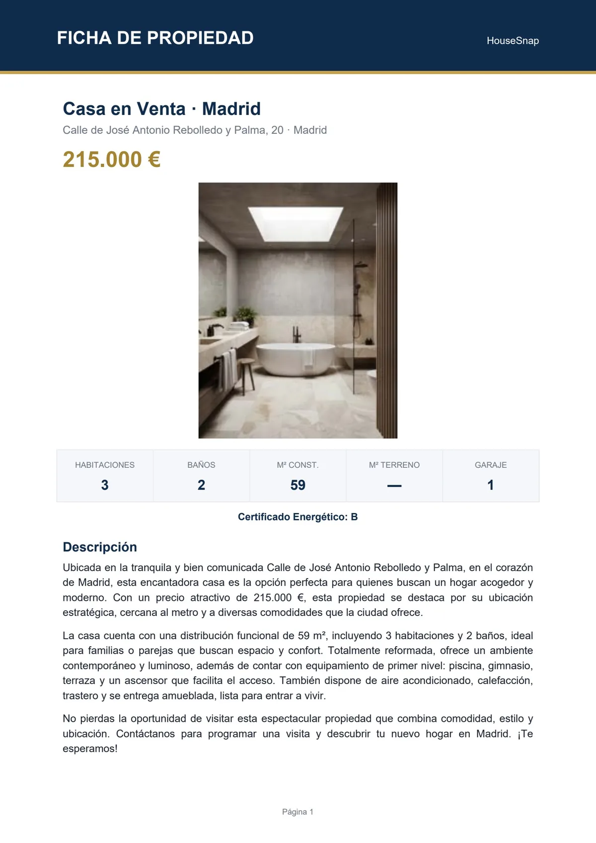 Portada de PDF de propiedad generado con SnapHouse: foto, precio, características técnicas y descripción con IA