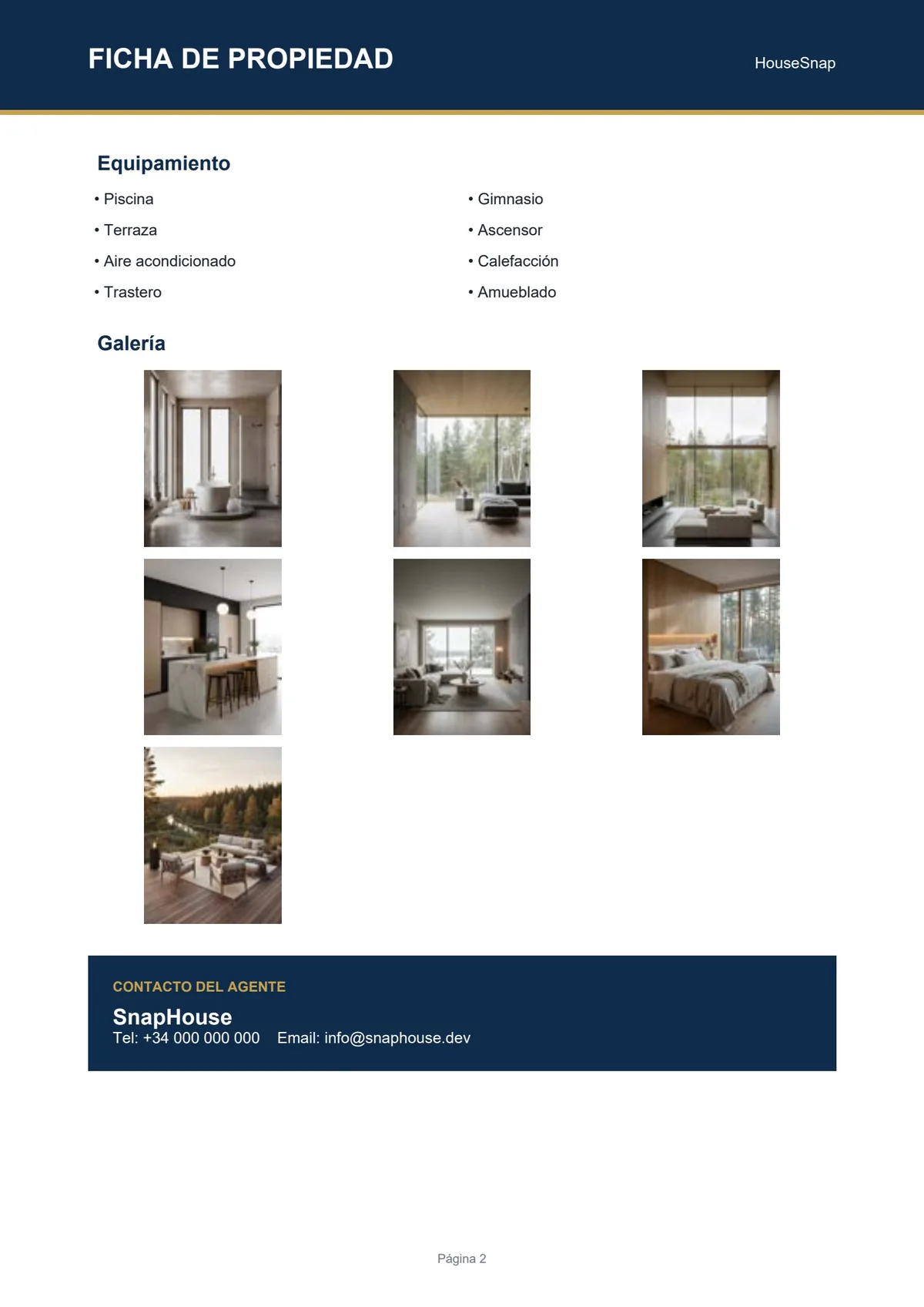 Segunda página del PDF generado con SnapHouse: equipamiento y galería de fotos de la propiedad