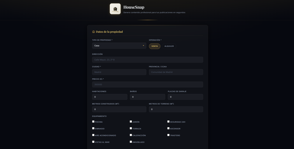 Formulario de entrada de datos de SnapHouse: tipo de propiedad, dirección, precio, habitaciones y equipamiento