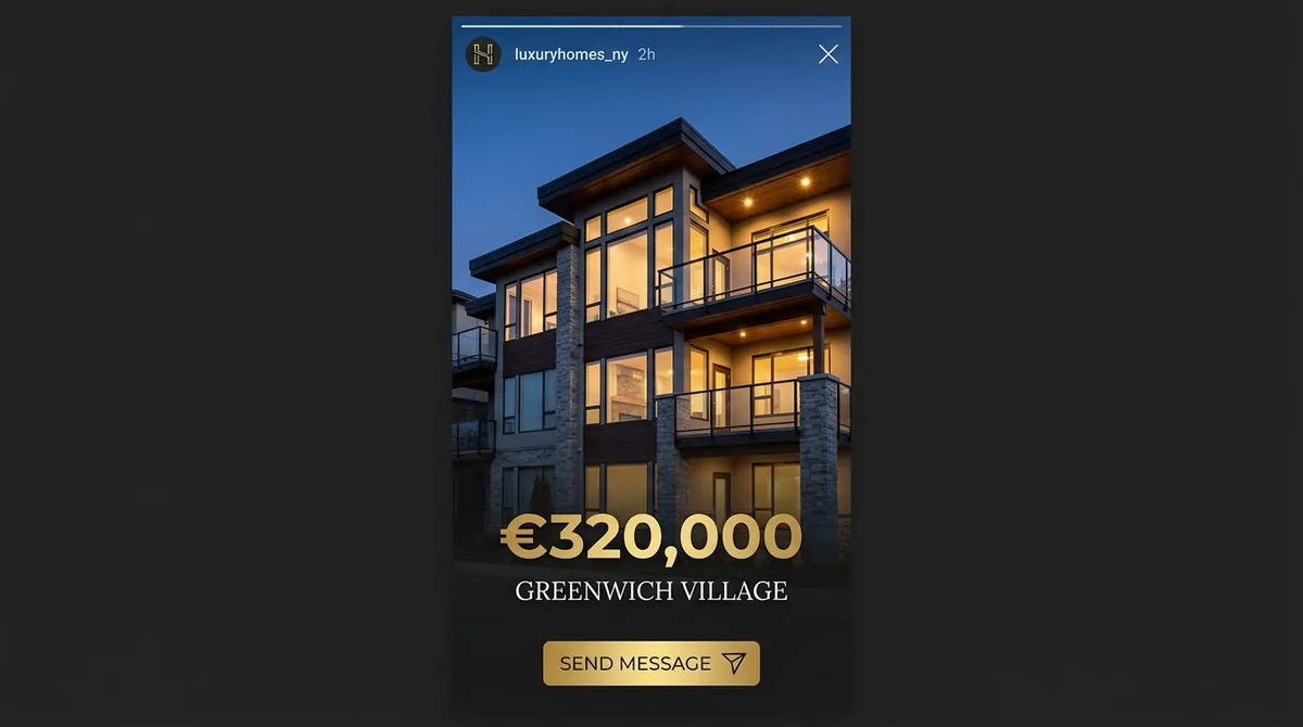 Showcase-type real estate Story with property photo, price displayed prominently, exclusive area and a send-message button