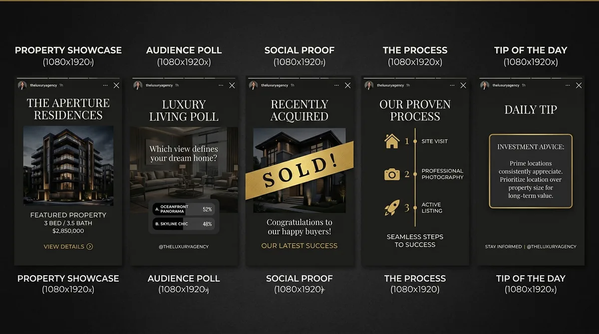5 Story examples with the same brand style: showcase, poll, sold social proof, process and tip of the day