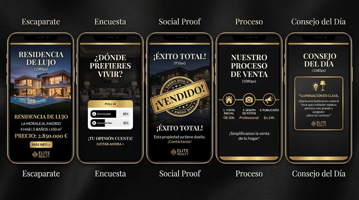 5 ejemplos de Stories con el mismo estilo de marca: escaparate, encuesta, social proof de venta, proceso y consejo del día